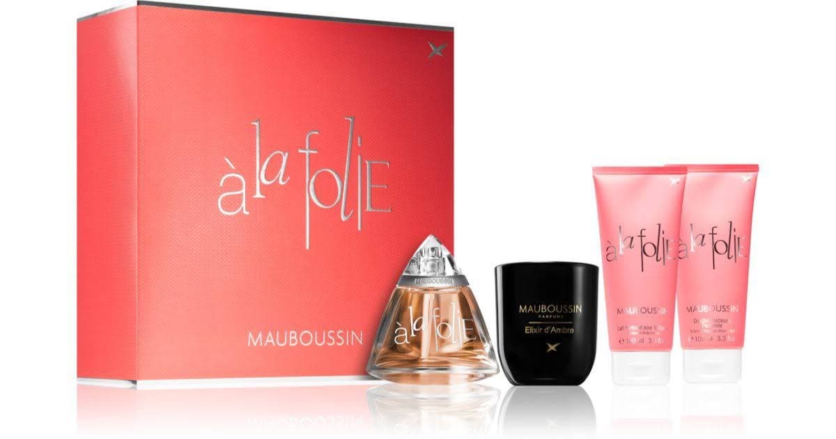 Coffret Mauboussin-Á la Folie-Eau de Parfum-100ml + Gel Douche-100ml + Lait Corporel-100ml + Bougie Parfumée-110g (4 pièces)